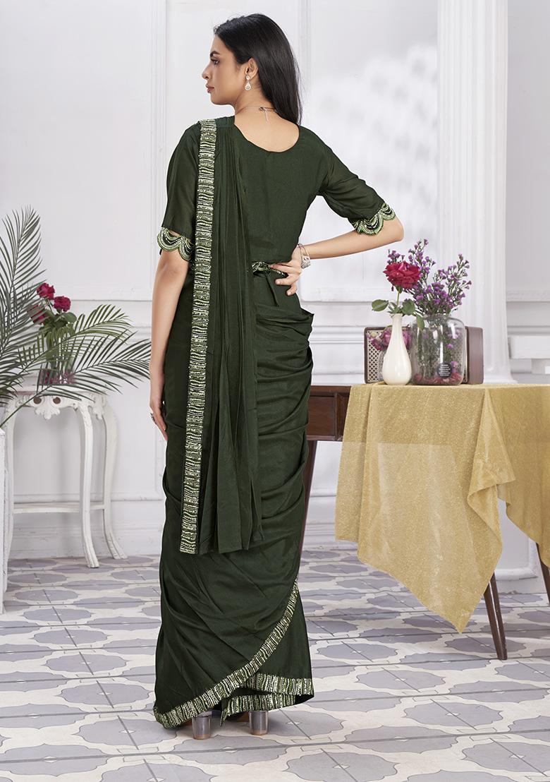 Olive Sequin Embroidered Shimmer Georgette Pre-Stitched Saree Set