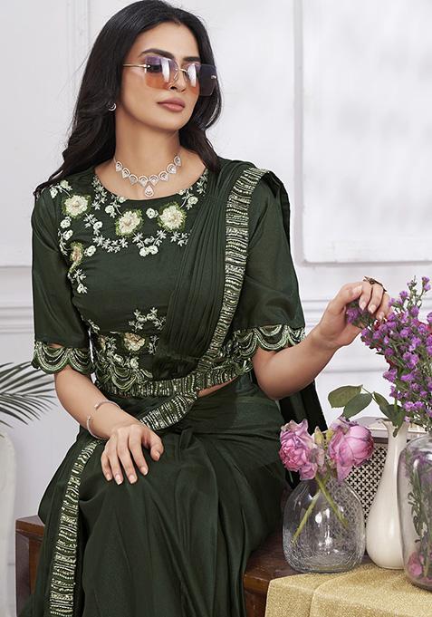Olive Sequin Embroidered Shimmer Georgette Pre-Stitched Saree Set
