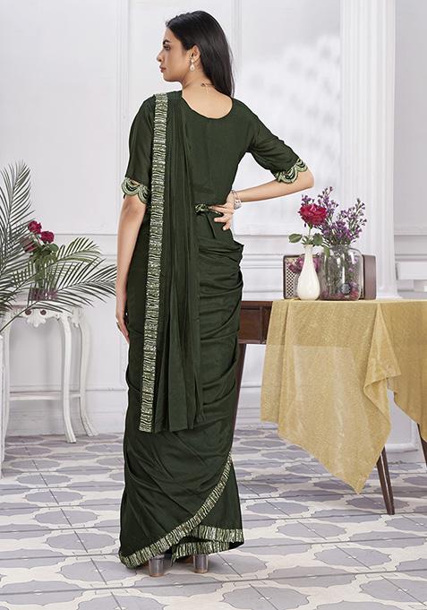 Olive Sequin Embroidered Shimmer Georgette Pre-Stitched Saree Set