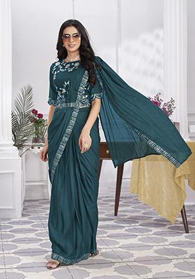 Turquoise Sequin Embroidered Shimmer Georgette Pre-Stitched Saree Set
