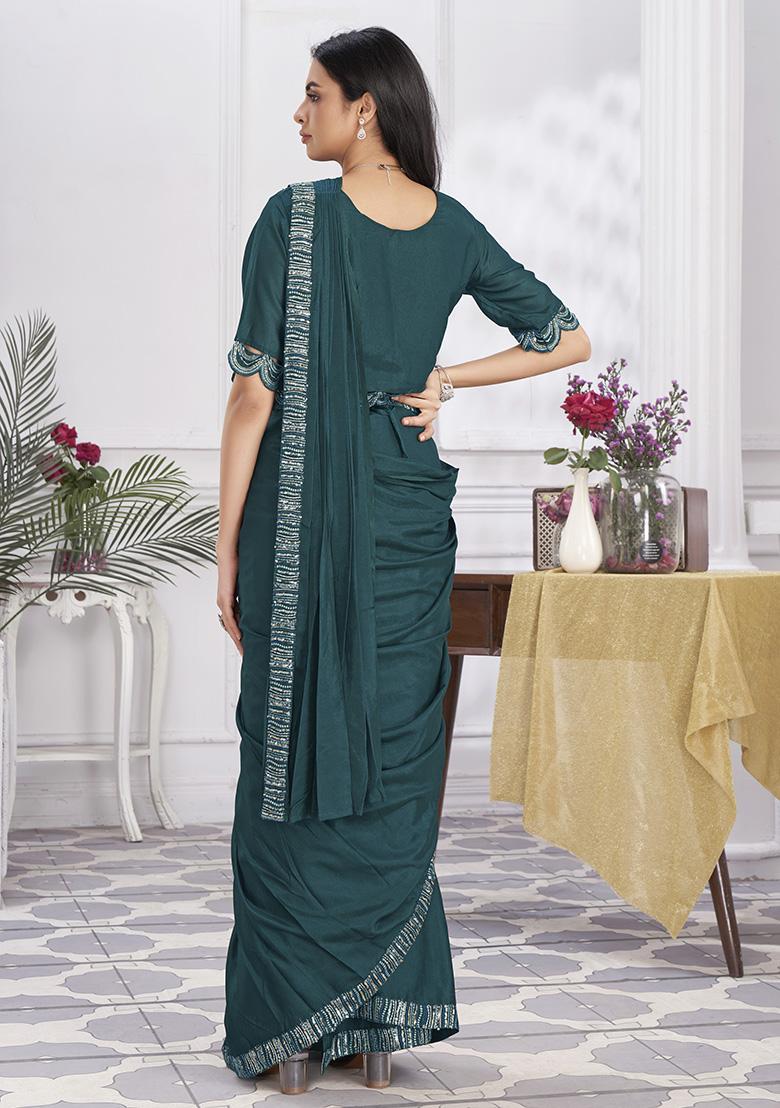 Turquoise Sequin Embroidered Shimmer Georgette Pre-Stitched Saree Set