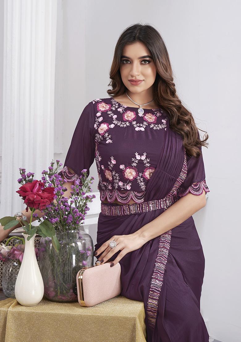 Wine Sequin Embroidered Shimmer Georgette Pre-Stitched Saree Set