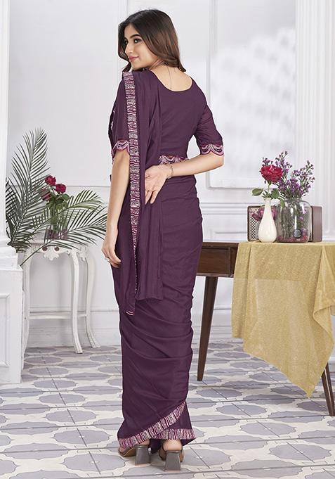Wine Sequin Embroidered Shimmer Georgette Pre-Stitched Saree Set