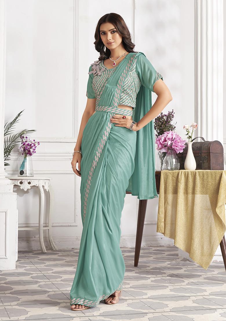 Aqua Green Sequin Embroidered Satin Silk Pre-Stitched Saree Set