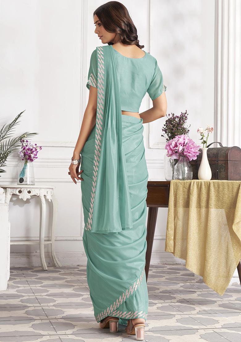 Aqua Green Sequin Embroidered Satin Silk Pre-Stitched Saree Set