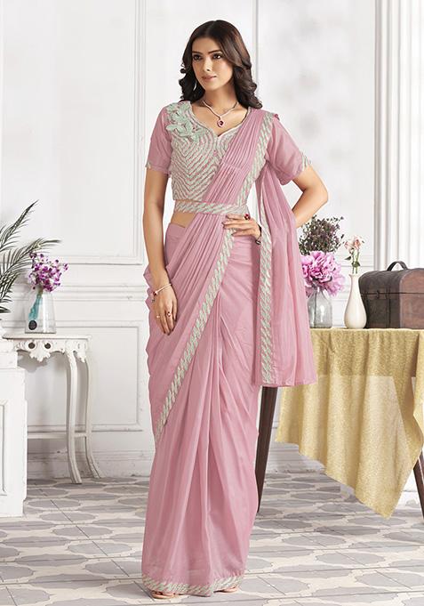 Pink Sequin Embroidered Satin Silk Pre-Stitched Saree Set