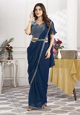 Blue Sequin Embroidered Shimmer Georgette Pre-Stitched Saree Set