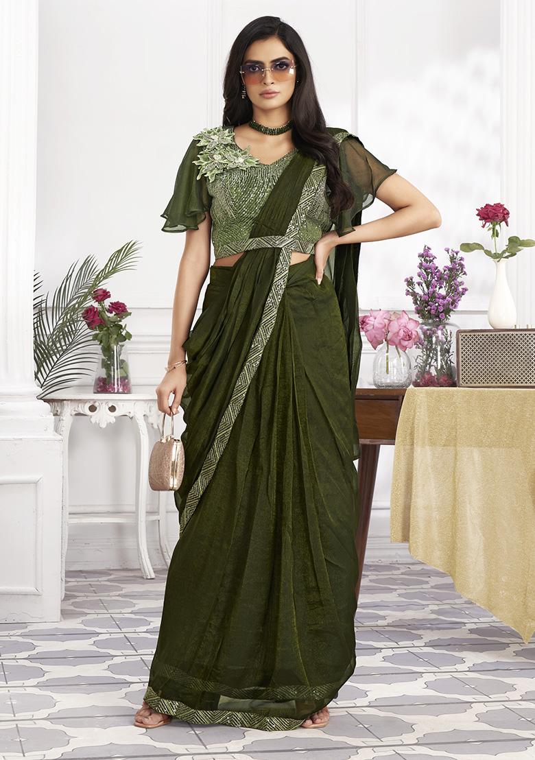 Olive Sequin Embroidered Shimmer Georgette Pre-Stitched Saree Set