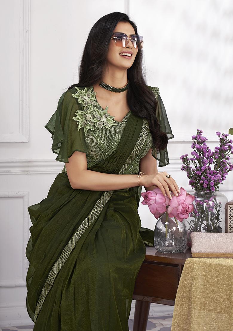Olive Sequin Embroidered Shimmer Georgette Pre-Stitched Saree Set