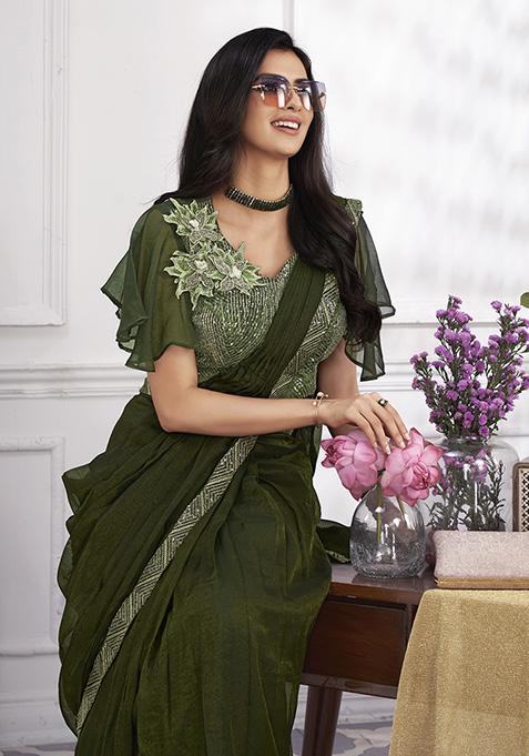 Olive Sequin Embroidered Shimmer Georgette Pre-Stitched Saree Set