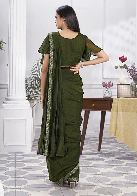 Olive Sequin Embroidered Shimmer Georgette Pre-Stitched Saree Set