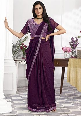 Wine Sequin Embroidered Shimmer Georgette Pre-Stitched Saree Set