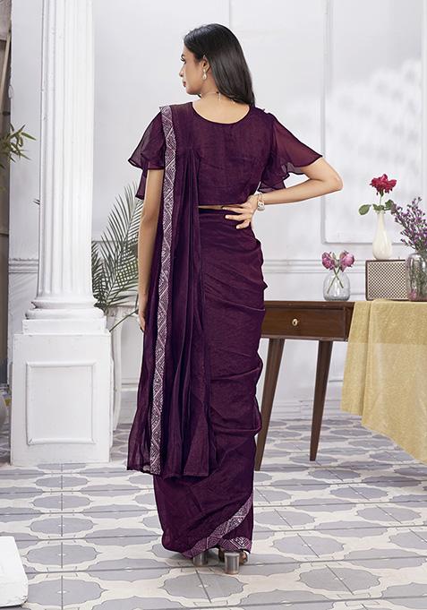 Wine Sequin Embroidered Shimmer Georgette Pre-Stitched Saree Set