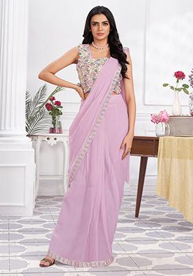 Mauve Sequin Embroidered Shimmer Georgette Pre-Stitched Saree Set