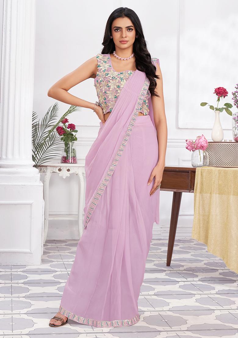 Mauve Sequin Embroidered Shimmer Georgette Pre-Stitched Saree Set