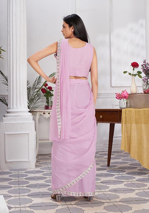 Mauve Sequin Embroidered Shimmer Georgette Pre-Stitched Saree Set