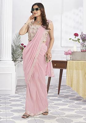 Pink Sequin Embroidered Shimmer Georgette Pre-Stitched Saree Set