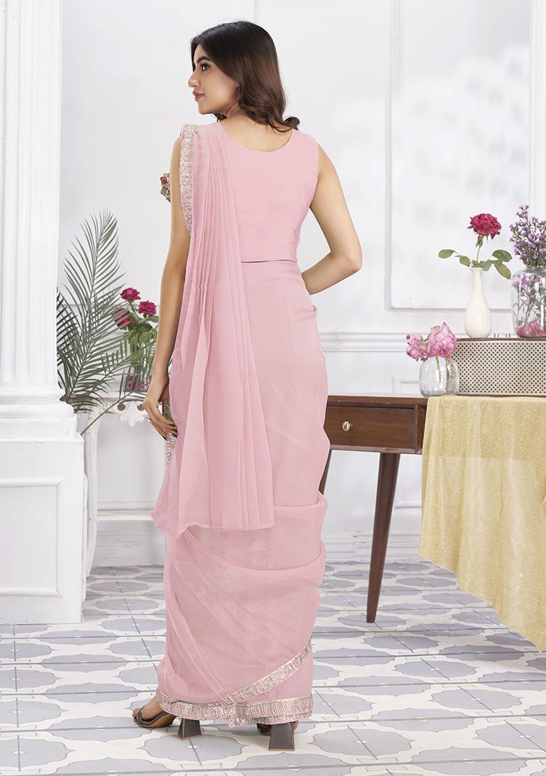 Pink Sequin Embroidered Shimmer Georgette Pre-Stitched Saree Set