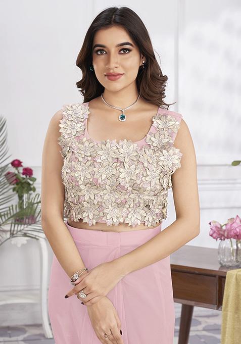 Pink Sequin Embroidered Shimmer Georgette Pre-Stitched Saree Set