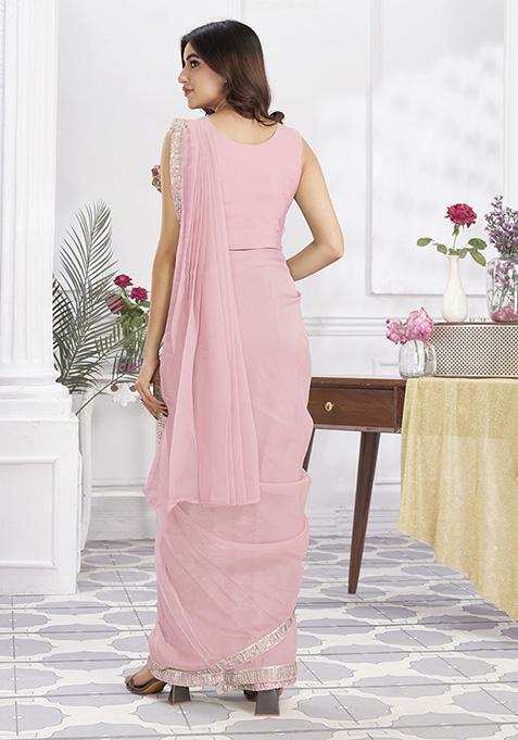 Pink Sequin Embroidered Shimmer Georgette Pre-Stitched Saree Set