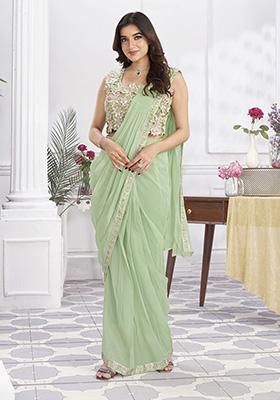 Pista Green Sequin Embroidered Shimmer Georgette Pre-Stitched Saree Set