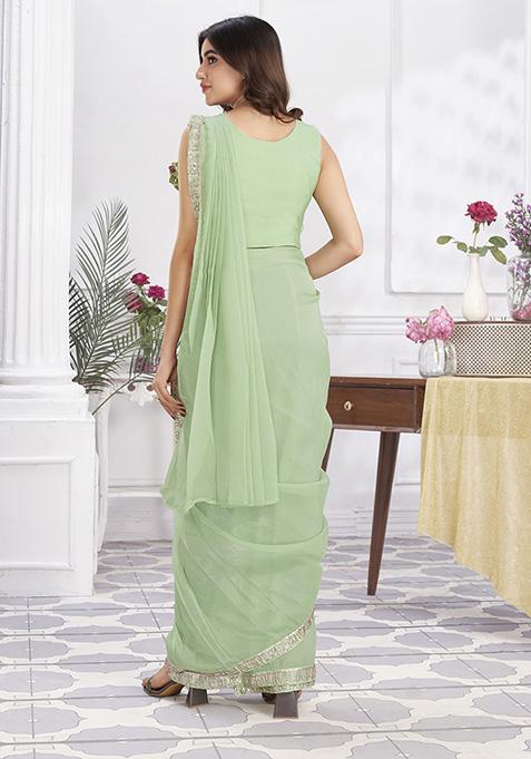 Pista Green Sequin Embroidered Shimmer Georgette Pre-Stitched Saree Set