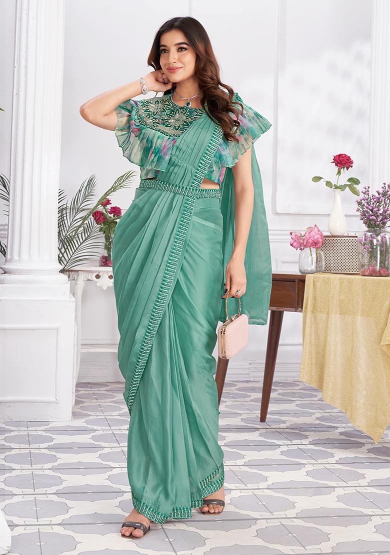 Aqua Green Sequin Embroidered Shimmer Georgette Pre-Stitched Saree Set