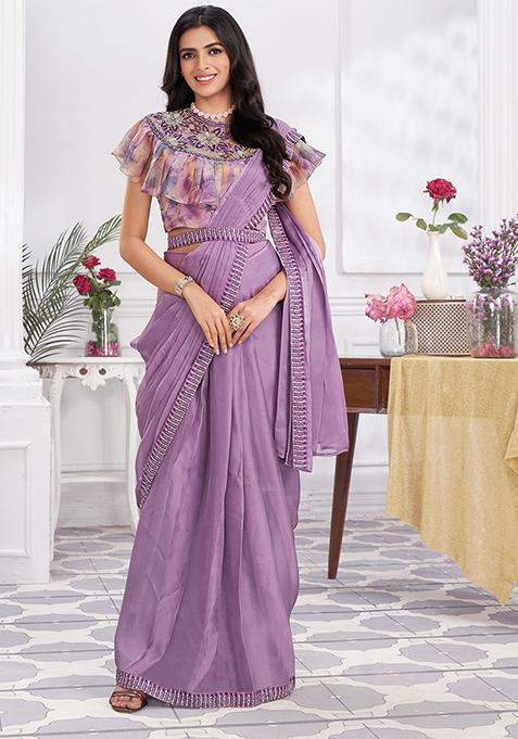 Pink Sequin Embroidered Shimmer Georgette Pre-Stitched Saree Set