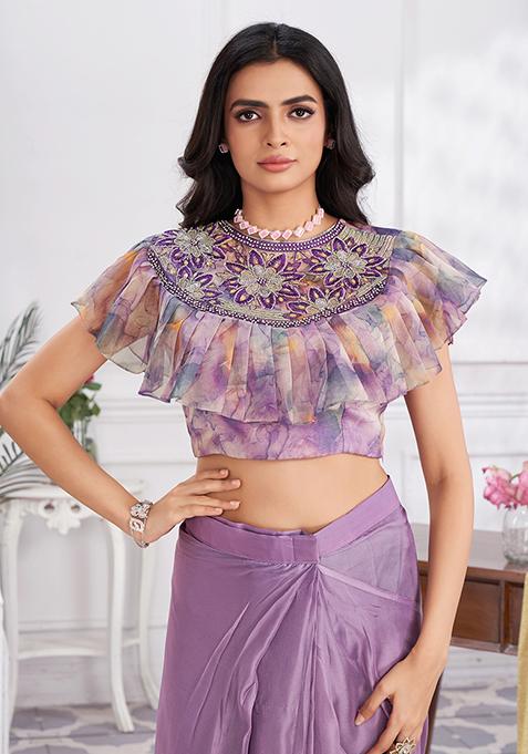 Pink Sequin Embroidered Shimmer Georgette Pre-Stitched Saree Set