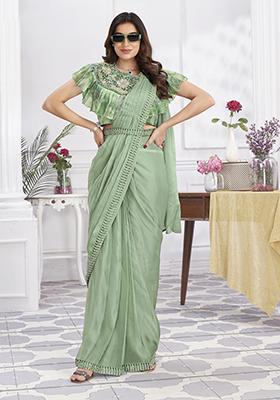 Pista Green Sequin Embroidered Shimmer Georgette Pre-Stitched Saree Set