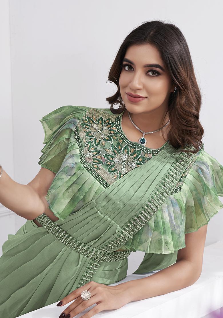 Pista Green Sequin Embroidered Shimmer Georgette Pre-Stitched Saree Set