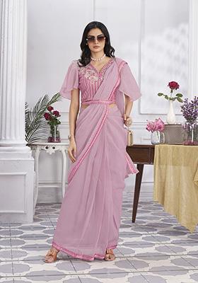 Pink Sequin Embroidered Shimmer Georgette Pre-Stitched Saree Set