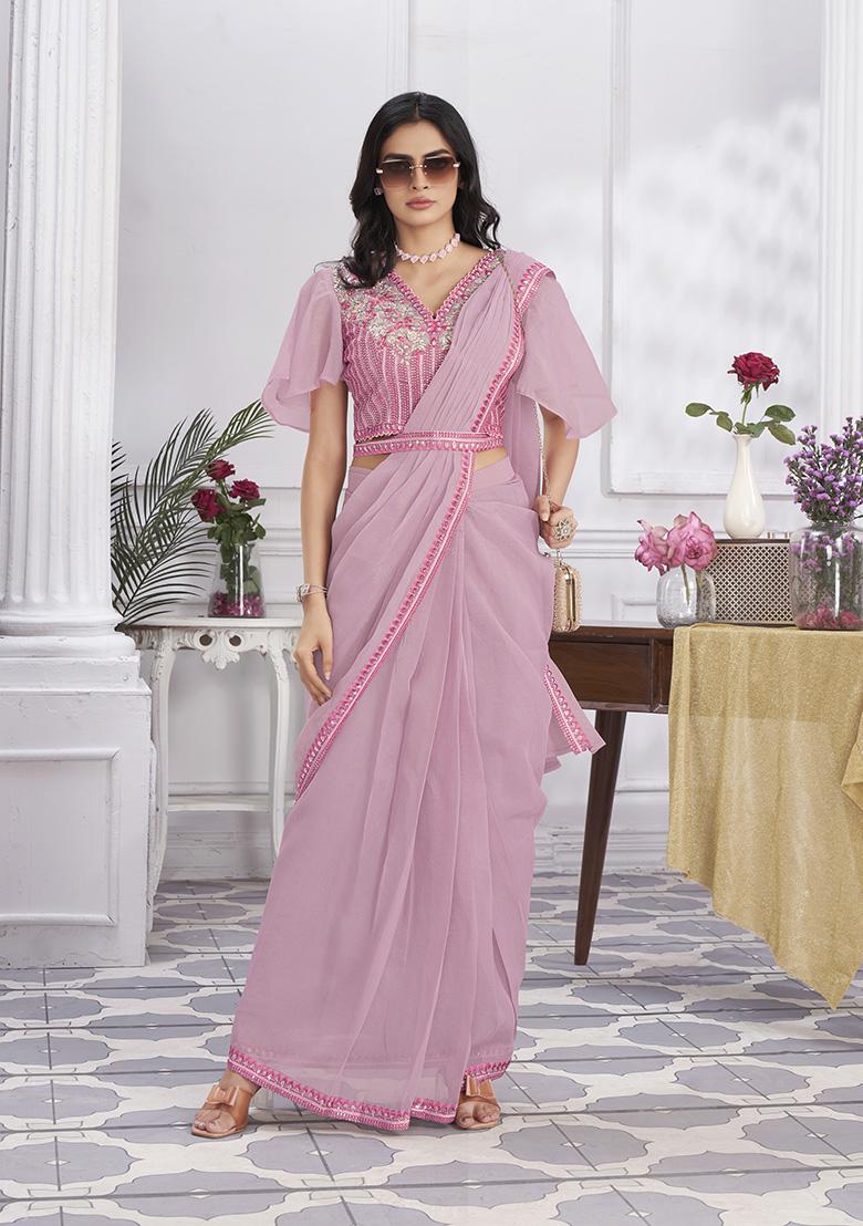 Pink Sequin Embroidered Shimmer Georgette Pre-Stitched Saree Set