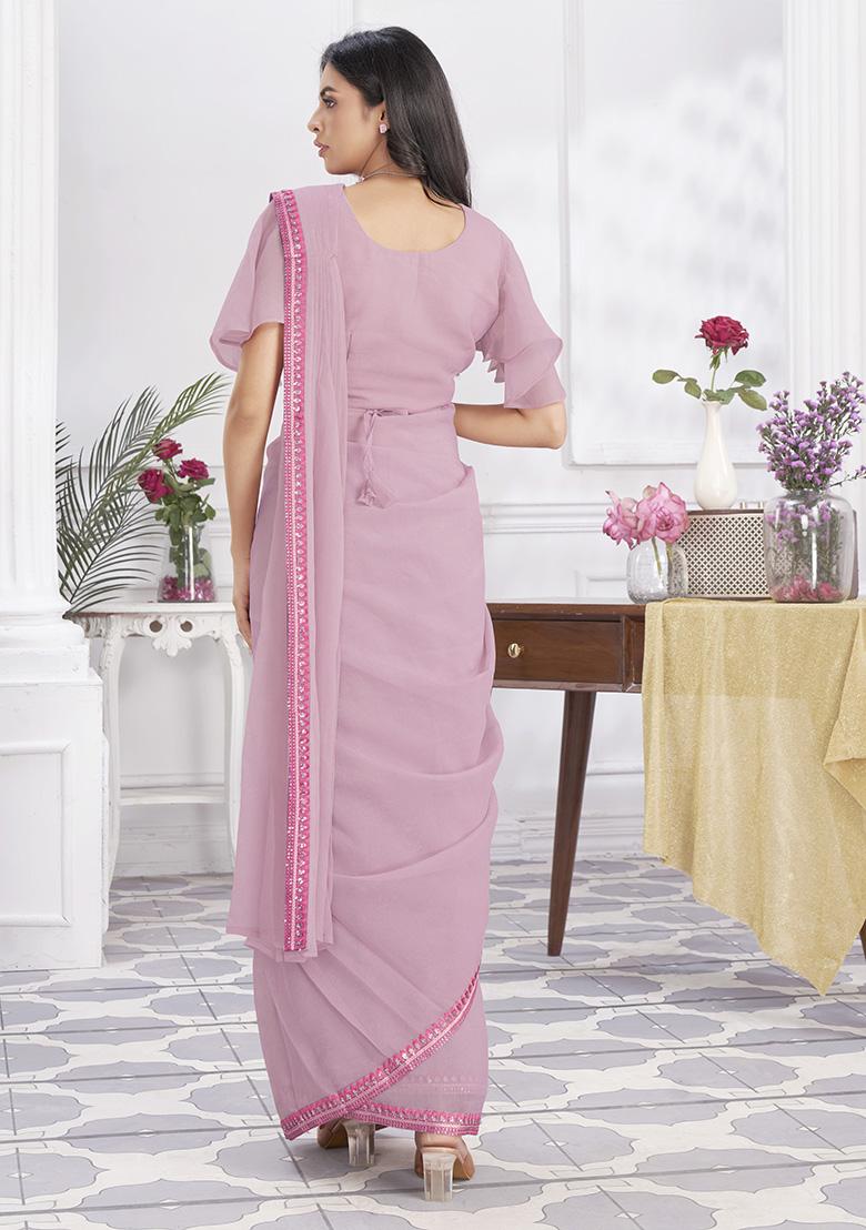 Pink Sequin Embroidered Shimmer Georgette Pre-Stitched Saree Set
