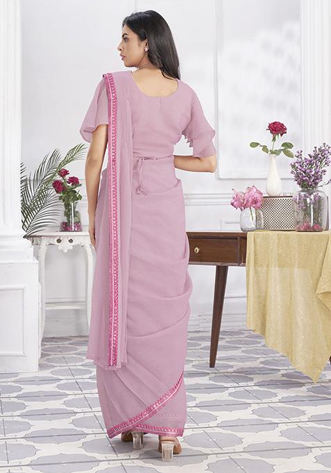 Pink Sequin Embroidered Shimmer Georgette Pre-Stitched Saree Set