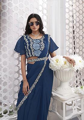 Blue Sequin Embroidered Shimmer Georgette Pre-Stitched Saree Set