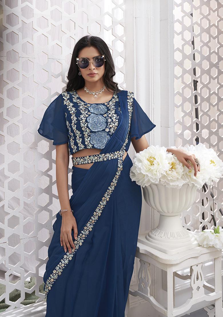 Blue Sequin Embroidered Shimmer Georgette Pre-Stitched Saree Set