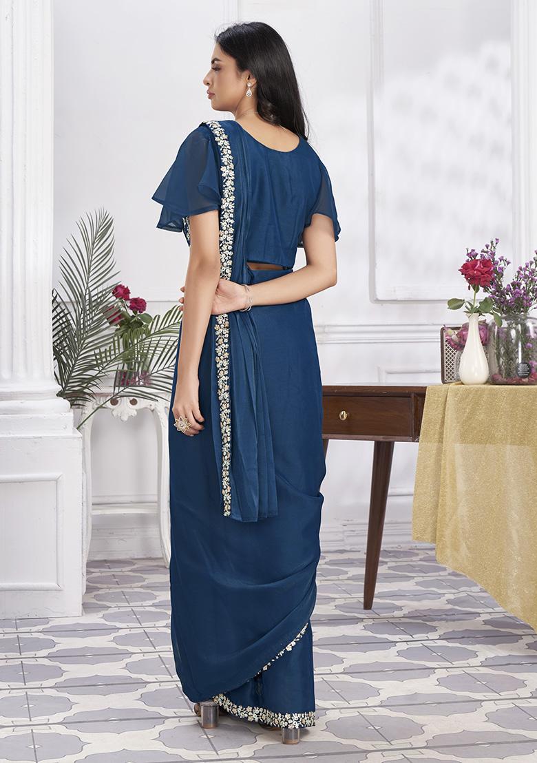 Blue Sequin Embroidered Shimmer Georgette Pre-Stitched Saree Set