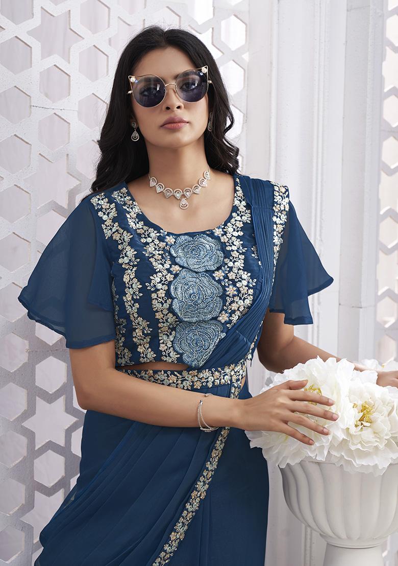Blue Sequin Embroidered Shimmer Georgette Pre-Stitched Saree Set