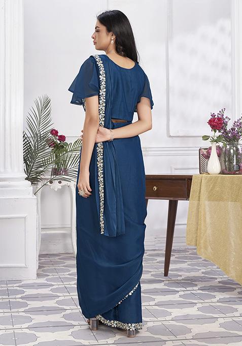 Blue Sequin Embroidered Shimmer Georgette Pre-Stitched Saree Set