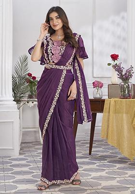 Purple Sequin Embroidered Shimmer Georgette Pre-Stitched Saree Set