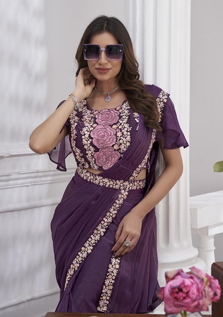 Purple Sequin Embroidered Shimmer Georgette Pre-Stitched Saree Set