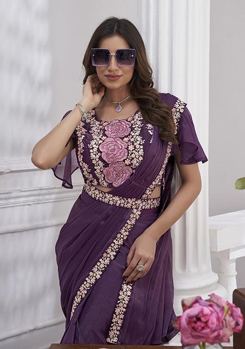 Purple Sequin Embroidered Shimmer Georgette Pre-Stitched Saree Set