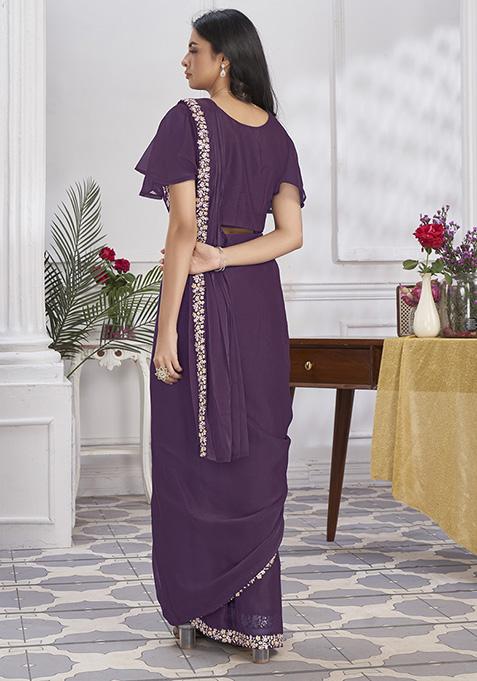 Purple Sequin Embroidered Shimmer Georgette Pre-Stitched Saree Set