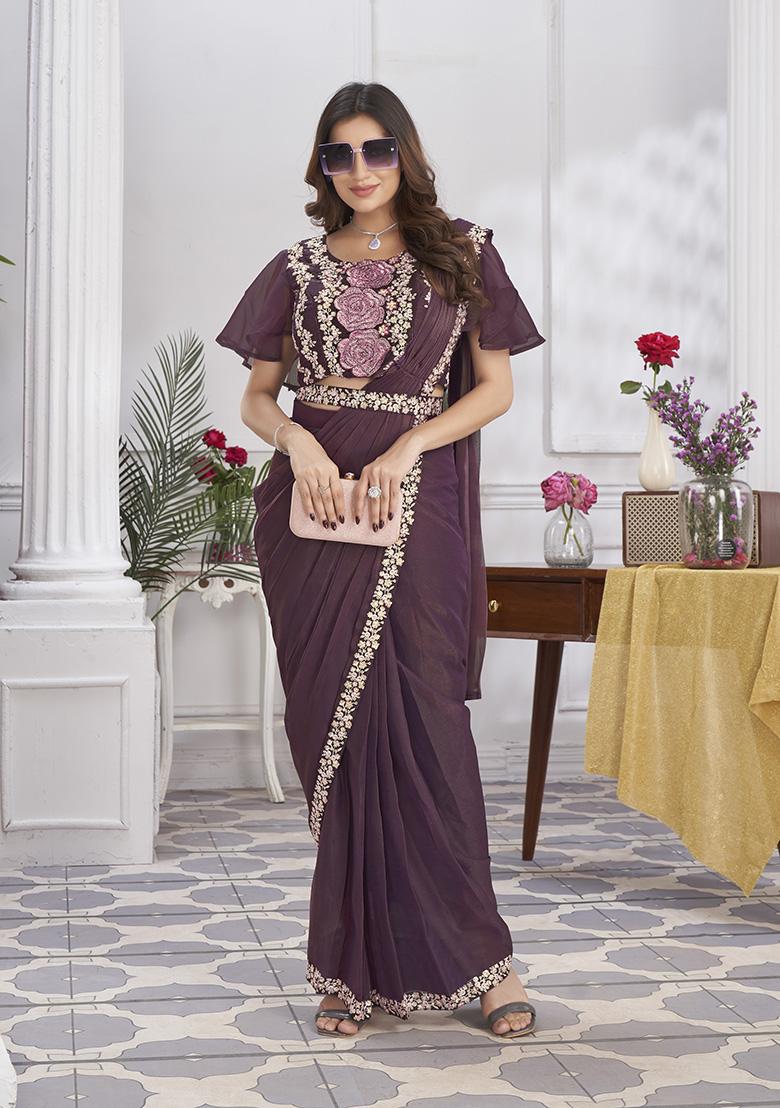 Wine Sequin Embroidered Shimmer Georgette Pre-Stitched Saree Set
