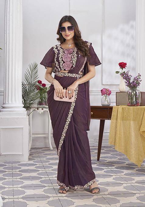 Wine Sequin Embroidered Shimmer Georgette Pre-Stitched Saree Set