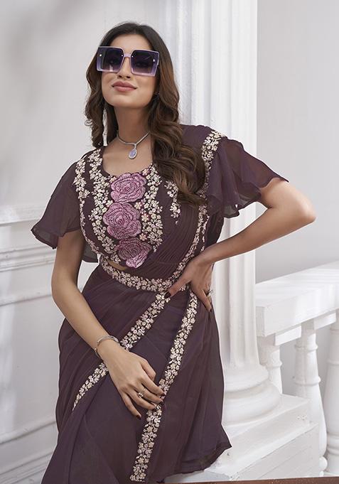 Wine Sequin Embroidered Shimmer Georgette Pre-Stitched Saree Set