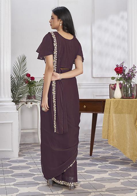 Wine Sequin Embroidered Shimmer Georgette Pre-Stitched Saree Set