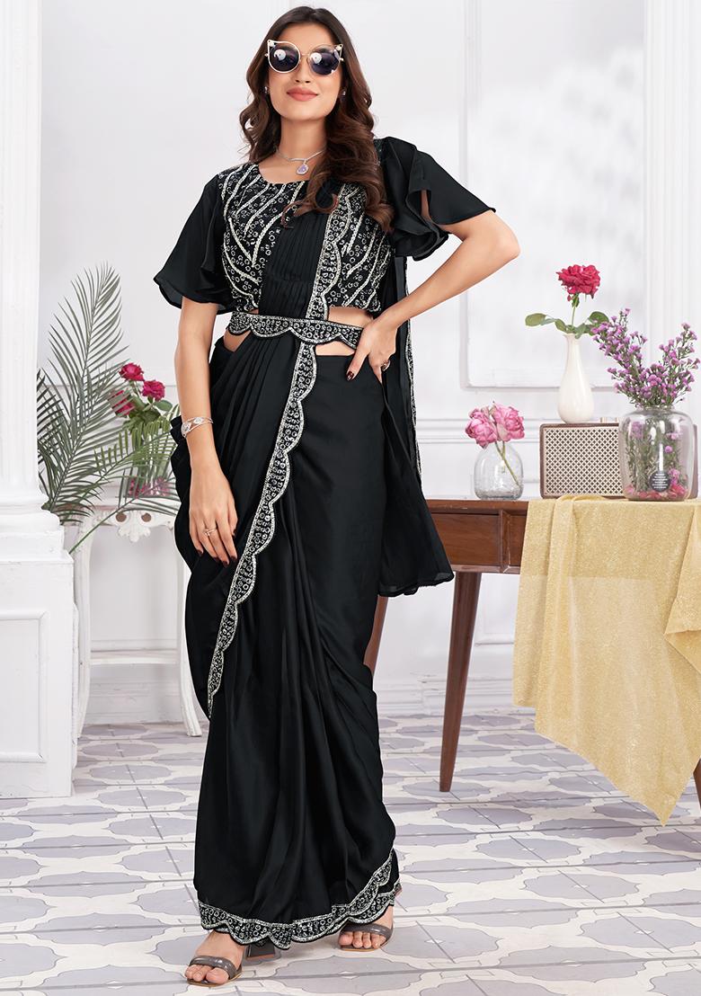 Black Sequin Embroidered Satin Silk Pre-Stitched Saree Set
