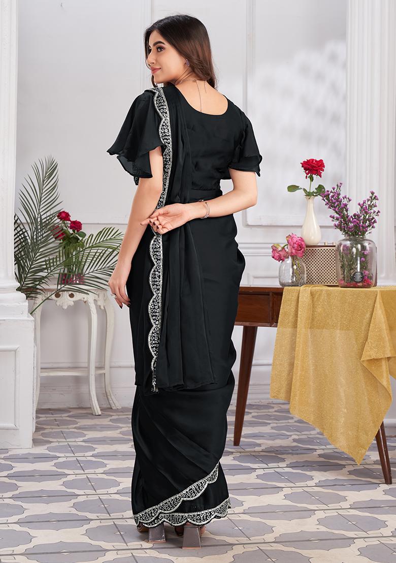 Black Sequin Embroidered Satin Silk Pre-Stitched Saree Set